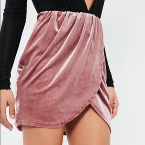 Pink Velvet Gathered Waist Asymmetric Mini Skirt